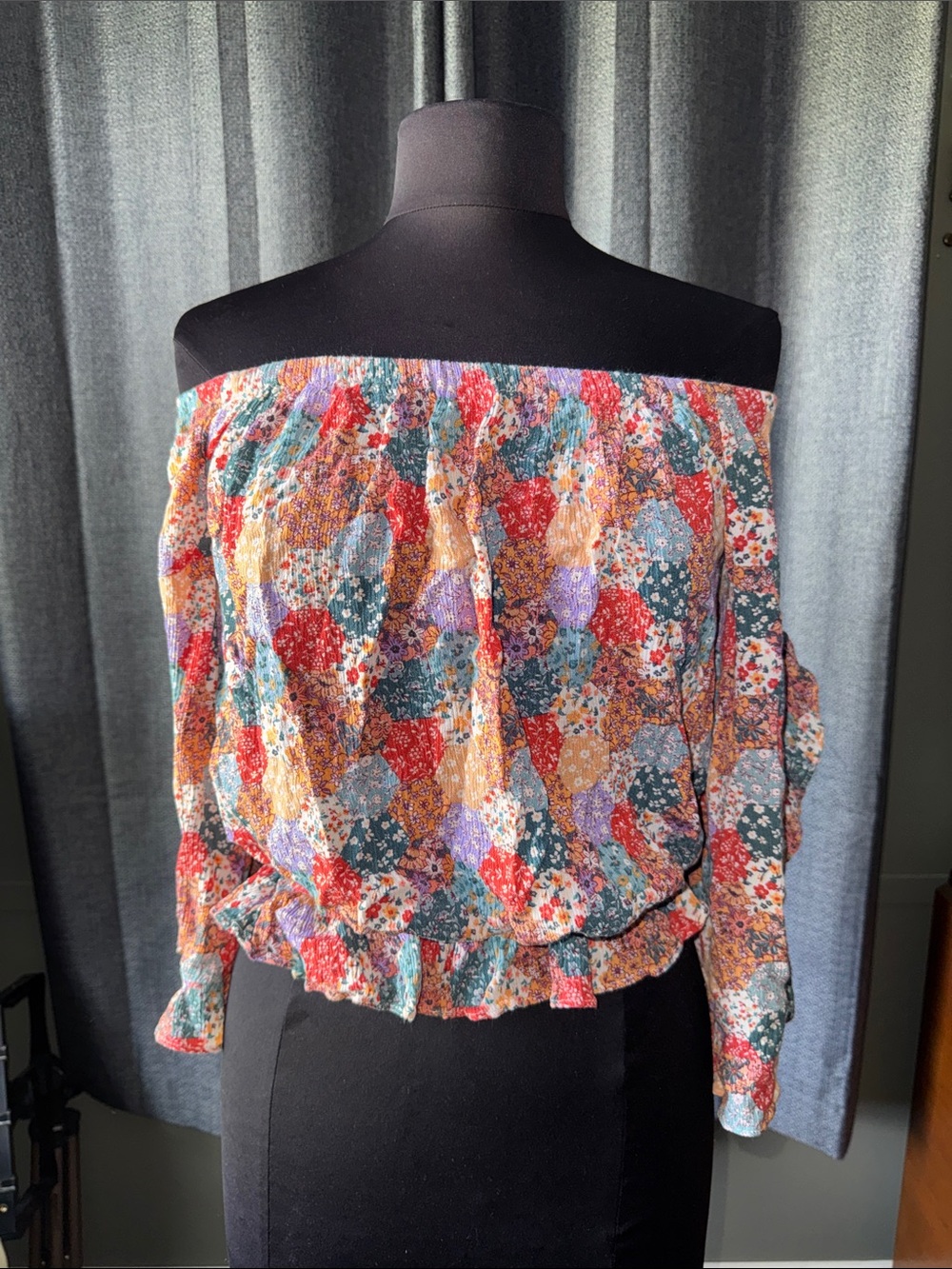Patchwork Floral Off-Shoulder Smocked Crop Top - Multicolor